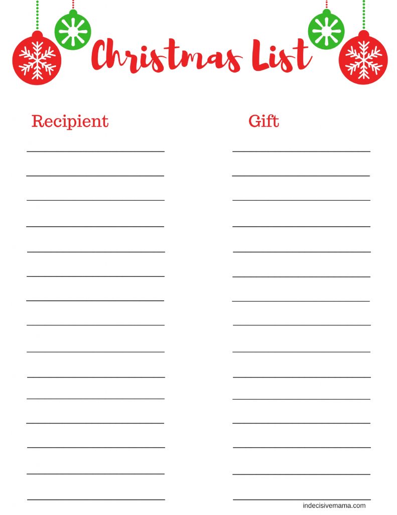 Christmas Shopping List Template Printable