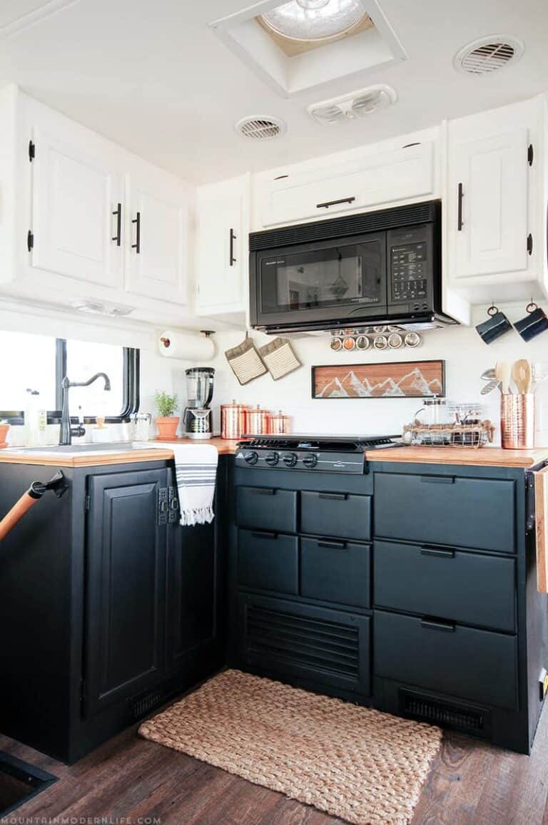 Camper Remodel Ideas That Will Inspire You To Remodel Your Own   Renovated Rv Kitchen Two Toned Cabinets Mountainmodernlife.com  768x1157 